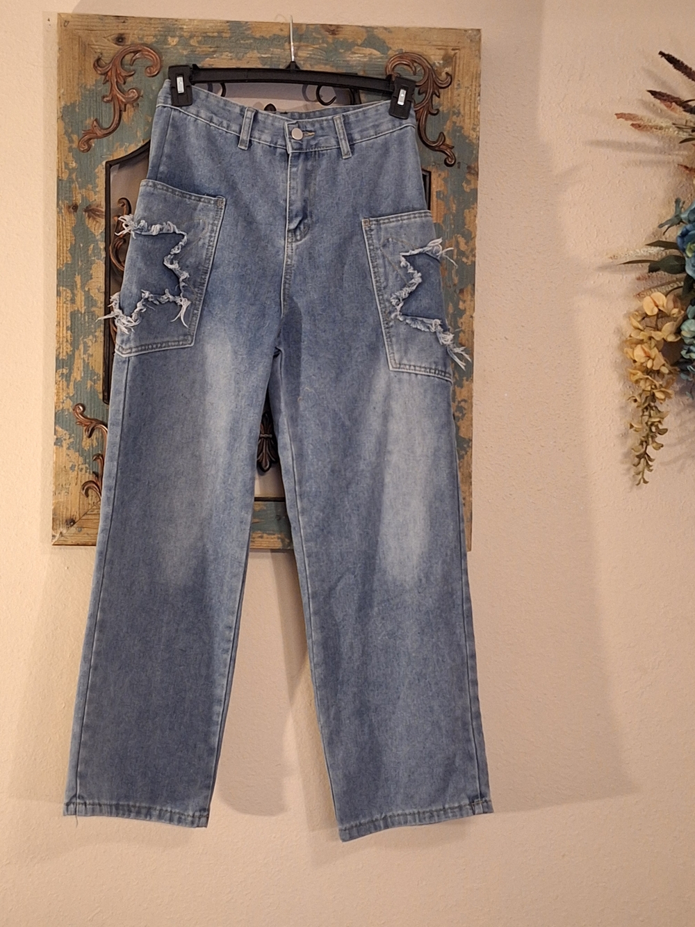 Women's Boyfriend High Rise Wide Leg Jeans W/Star Pockets Size M/L - Picture 3 of 9